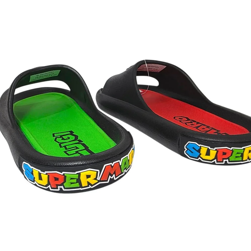 Nintendo Super Mario Slides Sandals Kids Size 3 & 5 Mario Luigi Black Green